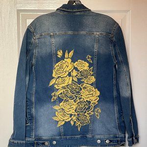 LULAROE VINTAGE DENIM JACKET JAXON W/ YELLOW EMBROIDERED ROSES SIZE S NWT